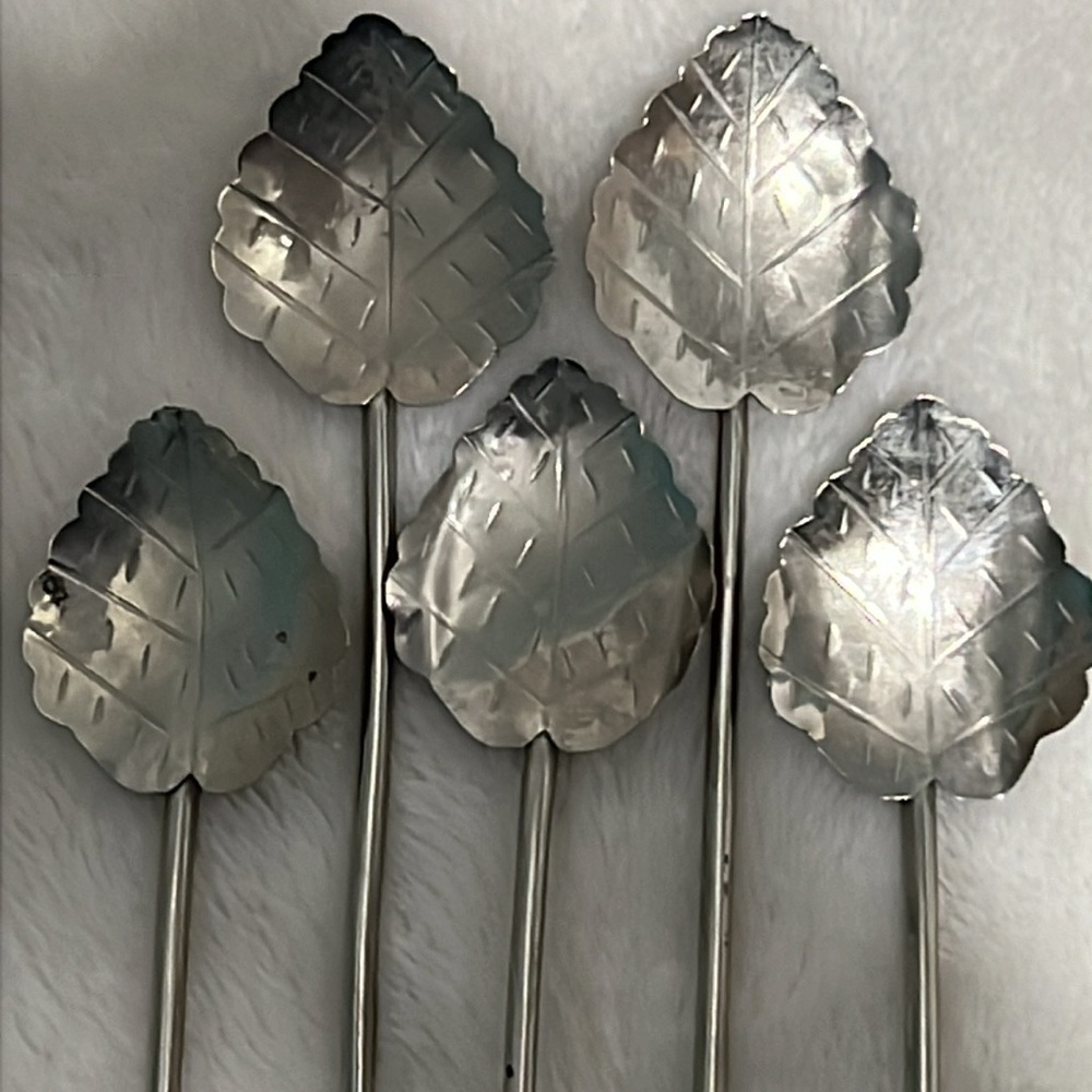 Set of 5 Vintage Alpaca Leaf Shaped Silver Tea Straw Spoons